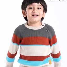 Babyoye 100% Cotton Dyed Full Sleeves Sweater Stripes Design- Grey Red & White-image-57