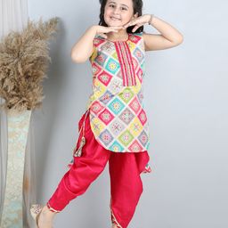 Kinder Kids Sleeveless Intricate Floral Block Motif With Sequin & Lace Embellished Kurta With Dhoti - Pink-image-44