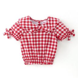Babyhug Rayon Woven Half Sleeves Checkered Top with Bow Detailing - Red & White-image-50