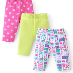 Babyhug Cotton Lycra Knit Three Fourth Legging Solid Color & Floral Print Pack of 3 - Green Pink & Blue-picture-29