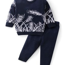 Babyhug Knitted Full Sleeves Sweater Set With Leaf Design - Navy Blue-image-53