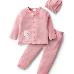 Babyhug Cotton Knit Full Sleeves Sweater Set with Cap & Elephant Patch - Light Pink-image-115