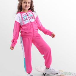 Honeyhap 100% Cotton Looper Knit Full Sleeves Hooded Front Open Winter Wear Sweatshirt & Lounge Pant Set with Bio Finish & Text Print - Fandango Pink Bright White & Atlantis Blue-image-18