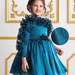 Mark & Mia Frill Sleeves Solid Colour Party Frock with Floral Applique & Frill Detailing - Teal Blue-image-65
