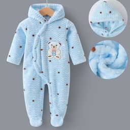 Kookie Kids Full Sleeves Footed Hooded Romper With Teddy Bear Patch - Light Blue-23