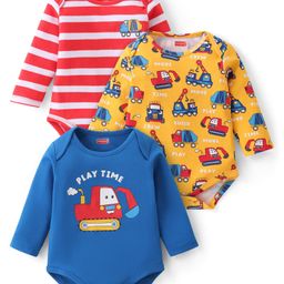 Babyhug 100% Cotton Full Sleeves Onesies Vehicle Print Pack of 3 -Blue Red & Yellow-image-35