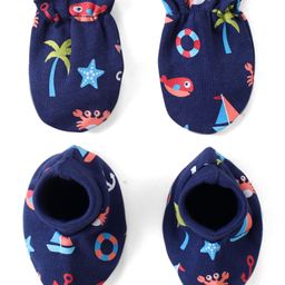 Babyhug 100% Cotton Interlock Knit Beach Theme Printed Mittens & Booties Set - Navy-22