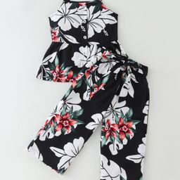 CrayonFlakes Rayon Sleeveless Floral Printed Top With Coordinating Palazzo Set - Black-image-63