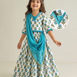Babyhug Cotton Cambric Woven Three Fourth Sleeves Floral Printed Choli Lehenga Set with Dupatta- Offwhite-image-70