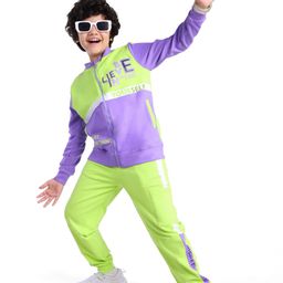 Ollington St. 100% Cotton Knit Full Sleeves Sweatjacket With Front Zipper & Joggers Set Text Print - Neon Green & Blue-image-91