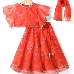 Babyhug Woven Floral Printed Flutter Sleeves Choli Lehenga Set with Floral Print & Lace Detailing & Dupatta - Orange-image-2
