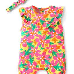 Babyhug Cotton Knit Frill Sleeves Mid Thigh Romper & Hairband with Floral Print & Frill Detailing -Pink & Yellow-image-53