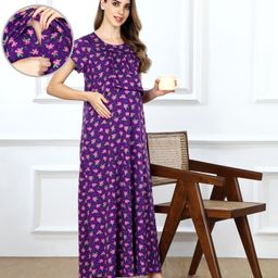 Bella Mama Cotton Knit Half Sleeves Concealed Zipper Floral Print Nighty - Purple-picture-21