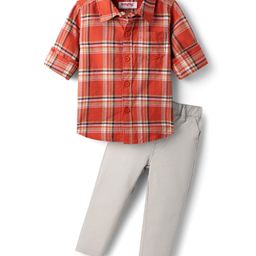 Babyhug Cotton Woven Full Sleeves Shirt & Trouser Set with Checks - Orange & Beige-image-93
