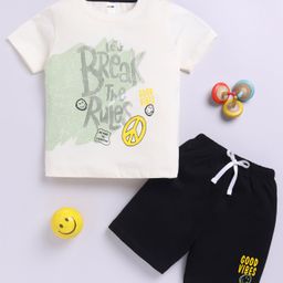 Little Ninja Cotton Half Sleeves Good Vibes Text Printed Tee & Coordinating Shorts Set - Cream & Black-image-0