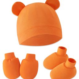 Bembika Cotton Solid Cap With Coordinating Pair Of Mittens & Booties Set - Orange-picture-27
