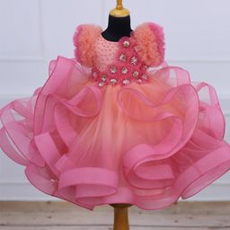 Li & Li Couture Net Half Sleeves Floral Applique & Ruffle Detailed Pearls Embellished Gown - Flamingo Pink Light & Flamingo Peach-image-6