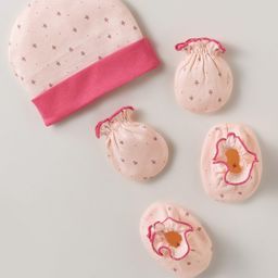 Bubble Pop Cotton Knit Cap Mitten & Booties Set with Floral Print Pink - Diameter 9 cm-image-66