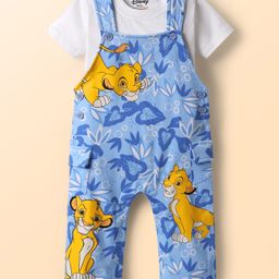 Babyhug Disney Single Jersey Knit Half Sleeve Tee & Dungaree Set with Lion King Graphics - White & Light Blue-picture-30