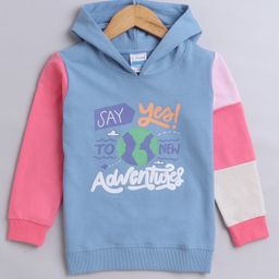 BUMZEE Looper Knit Full Sleeves Text Printed Hooded Sweatshirt - Blue & Pink-image-94