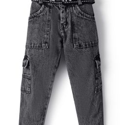 Rikidoos Denim Woven Solid Jeans With Belt - Black & Grey-image-5