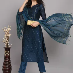 VredeVogel Women Floral Regular Chanderi Silk Kurta with Trousers & With Dupatta-image-81