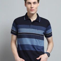 Monte Carlo Blue Regular Fit Striped Polo T-Shirt-image-20