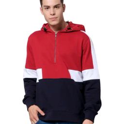 Celio* Red & Navy Cotton Regular Fit Color Block Hooded Sweatshirt-image-55