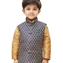 VASTRAMAY Kids Blue & Golden Floral Print Nehru Jacket-image-73