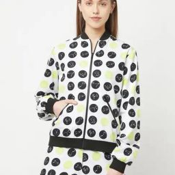 Crimsoune Club White & Black Cotton Polka Dots Bomber Jacket-image-23
