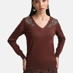 Kazo Brown Cotton Embellished Pullover-image-8