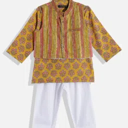 READIPRINT FASHIONS Kids Mustard & White Floral Print Full Sleeves Kurta, Nehru Jacket with Pyjamas-image-37