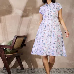 ANJIR Women Floral Printed Shirt Collar Cap Sleeves Shirt Midi Dress-image-21