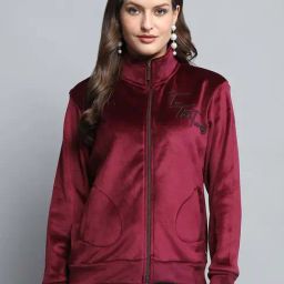 Monte Carlo Women's Wine Printed Mock Neck Full Sleeve Sweatshirt-image-3