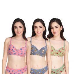 AROUSY Green & Pink Cotton Printed Bra Panty Set - Pack Of 3-image-9