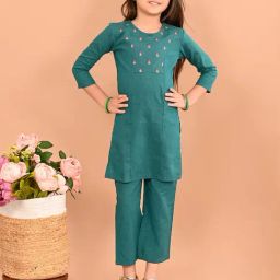 LilPicks Kids Teal Embroidered Kurta with Pants-image-45