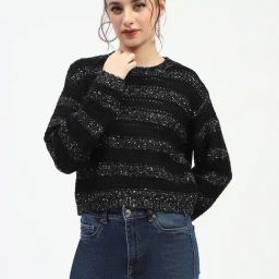 MADAME Black & White Self Design Crop Sweater-image-51