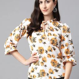 Cottinfab White & Yellow Floral Print Top-49