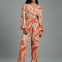 Fashion Gaiia Printed V Neck Top & Trousers Co-Ord Set-image-74