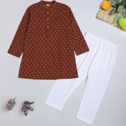 The Magic Wand Kids Maroon & White Cotton Floral Print Full Sleeves Kurta Set-picture-21