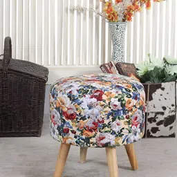 Shadowkart White & Green Printed Wooden Pouffe Ottoman-image-25