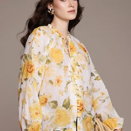 MANGO Floral Print Tie-Up Neck Puff Sleeves Pure Cotton Semi-Sheer Shirt Style Top-49