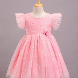 Babyhug Frill Sleeves Party Wear Mesh Frock With Sequin Detailing & Floral Corsage- Peach-image-29