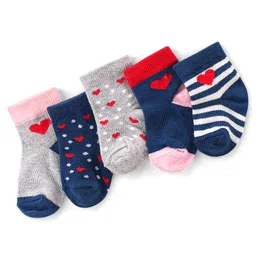 Cute Walk by Babyhug Ankle Length Anti-Bacterial Anti-Skid Socks Stripes & Heart Design Pack of 5 - Grey & Blue-picture-4
