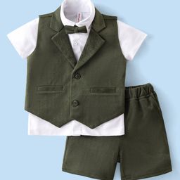 Babyhug Knit Half Sleeves Solid Color Waistcoat Set with Shirt & Bow - Green-image-83