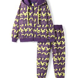 Honeyhap Looper Knit Full Sleeves Winter Wear Hooded Sweat Jacket & Lounge Pant Set With Text Print - Grape Royale Purple-picture-14