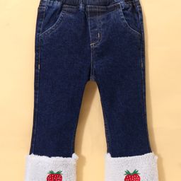 Kookie Kids Cotton Lycra Bell Bottom Denim Jeans With Sherpa & Strawberry Embroidery Detailing - Blue-image-91