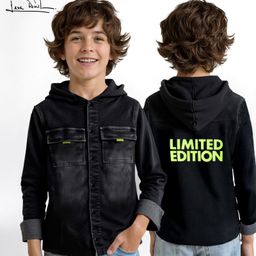 Arias Woven Full Sleeves Hooded Denim Jacket With Text Print - Black-picture-2