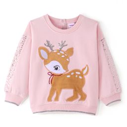 Babyhug Cotton Knit Full Sleeves Sweatshirt with Deer Print - Pink-image-95