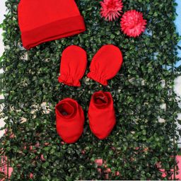 COCOON ORGANICS Cotton Anti Microbial Solid Cap Mitten & Booties Set - Red-image-11